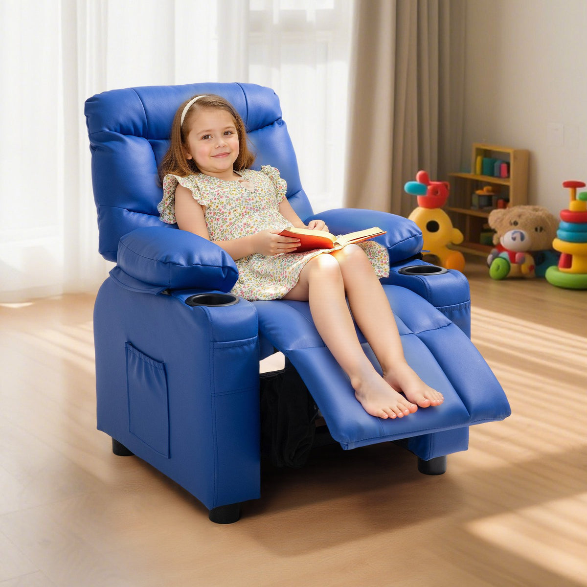 Kids Reclining Chair PU Leather Adjustable Back with Footrest Cup Holders Blue