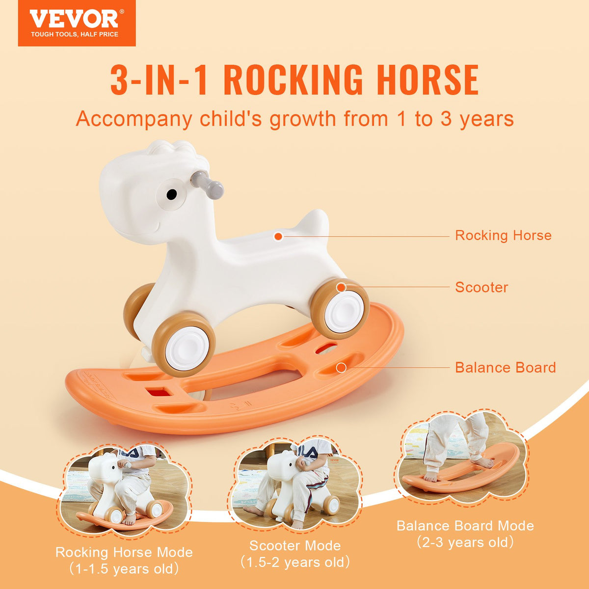 3 in 1 Rocking Horse Toddlers 1-3 Det Board 4 Wheels 80lbs HDPE Ride Toy 40° Red