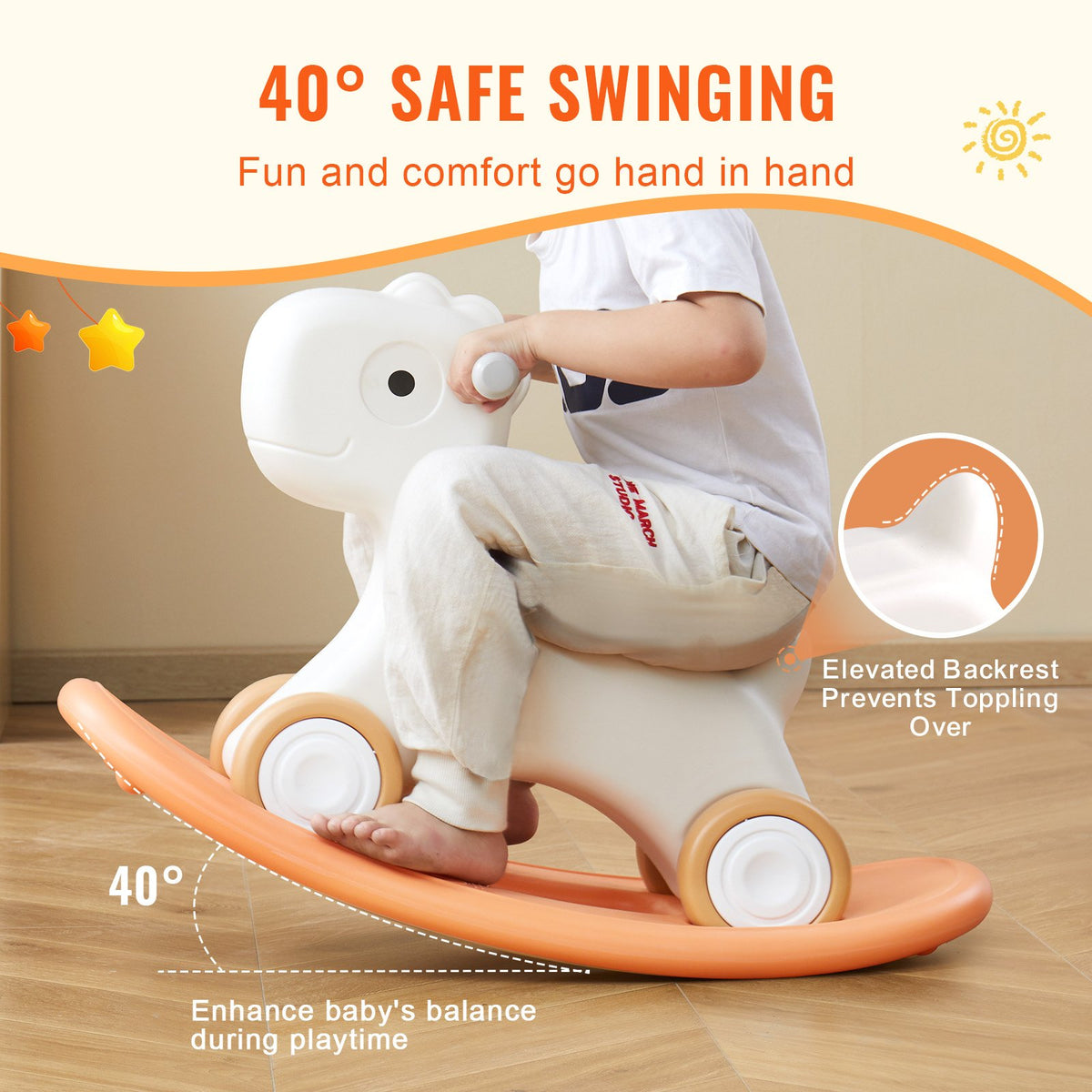 3 in 1 Rocking Horse Toddlers 1-3 Det Board 4 Wheels 80lbs HDPE Ride Toy 40° Red