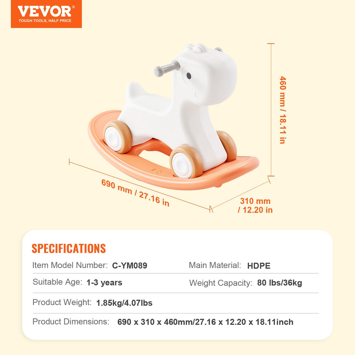 3 in 1 Rocking Horse Toddlers 1-3 Det Board 4 Wheels 80lbs HDPE Ride Toy 40° Red