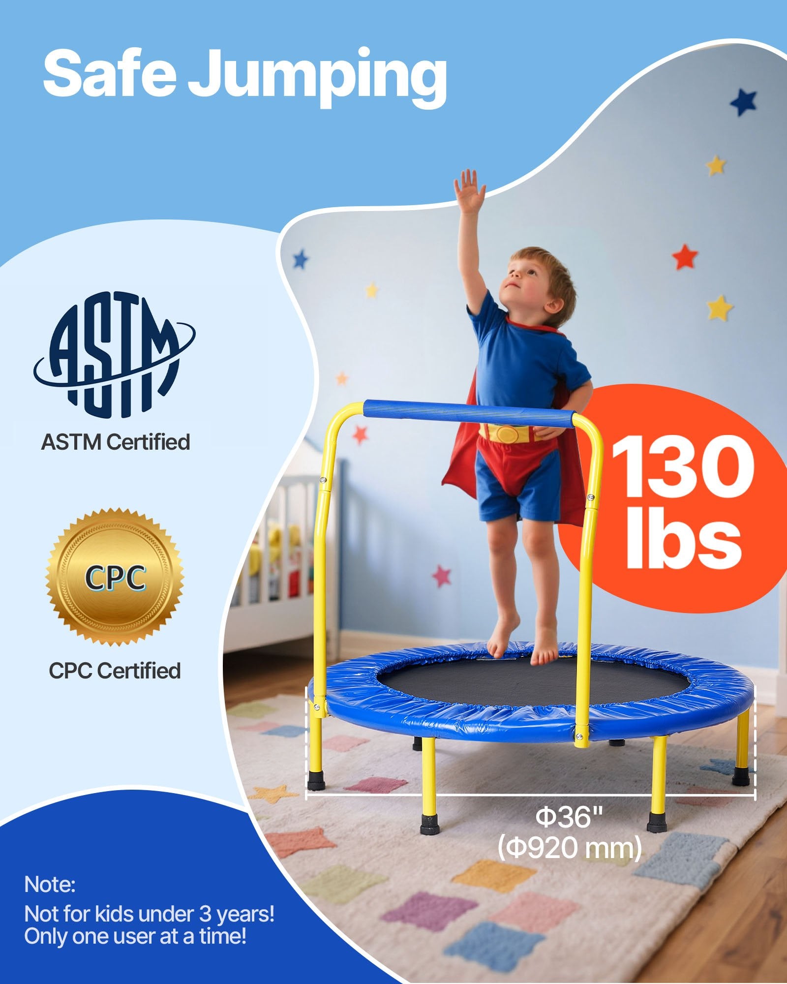 3FT Kids Trampoline 92cm Indoor/Outdoor Foldable Mini Trampoline with Foam H&le