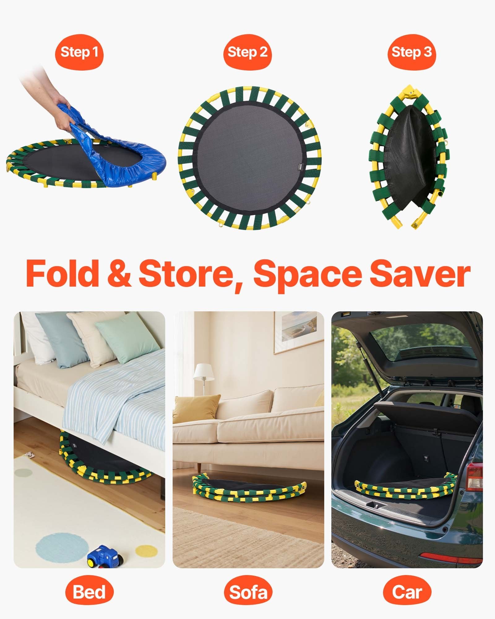 3FT Kids Trampoline 92cm Indoor/Outdoor Foldable Mini Trampoline with Foam H&le