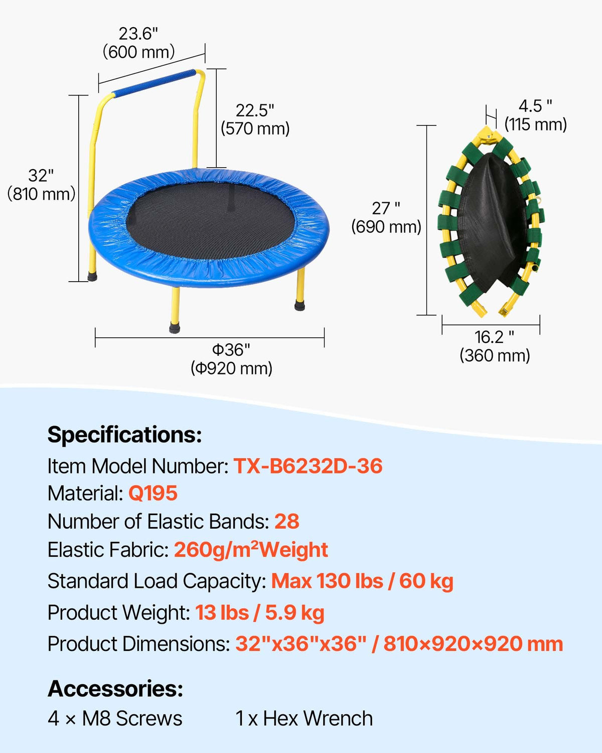 3FT Kids Trampoline 92cm Indoor/Outdoor Foldable Mini Trampoline with Foam H&le