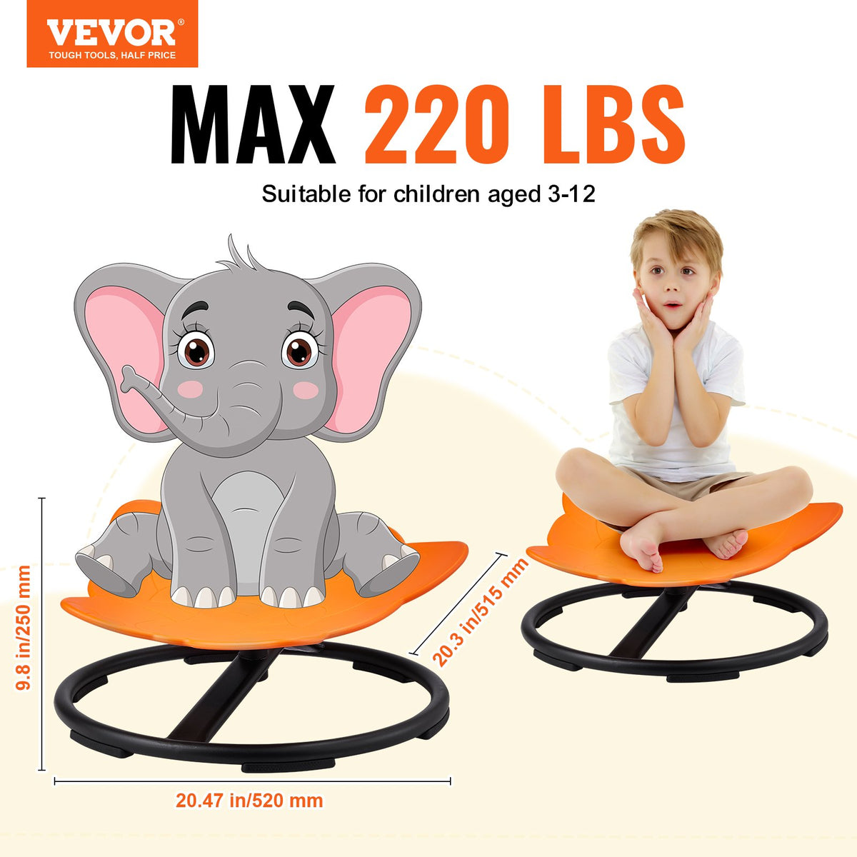 Elephant Kids Swivel Chair 360° Spinning, Toddler Sensory Sit and Spin Orange