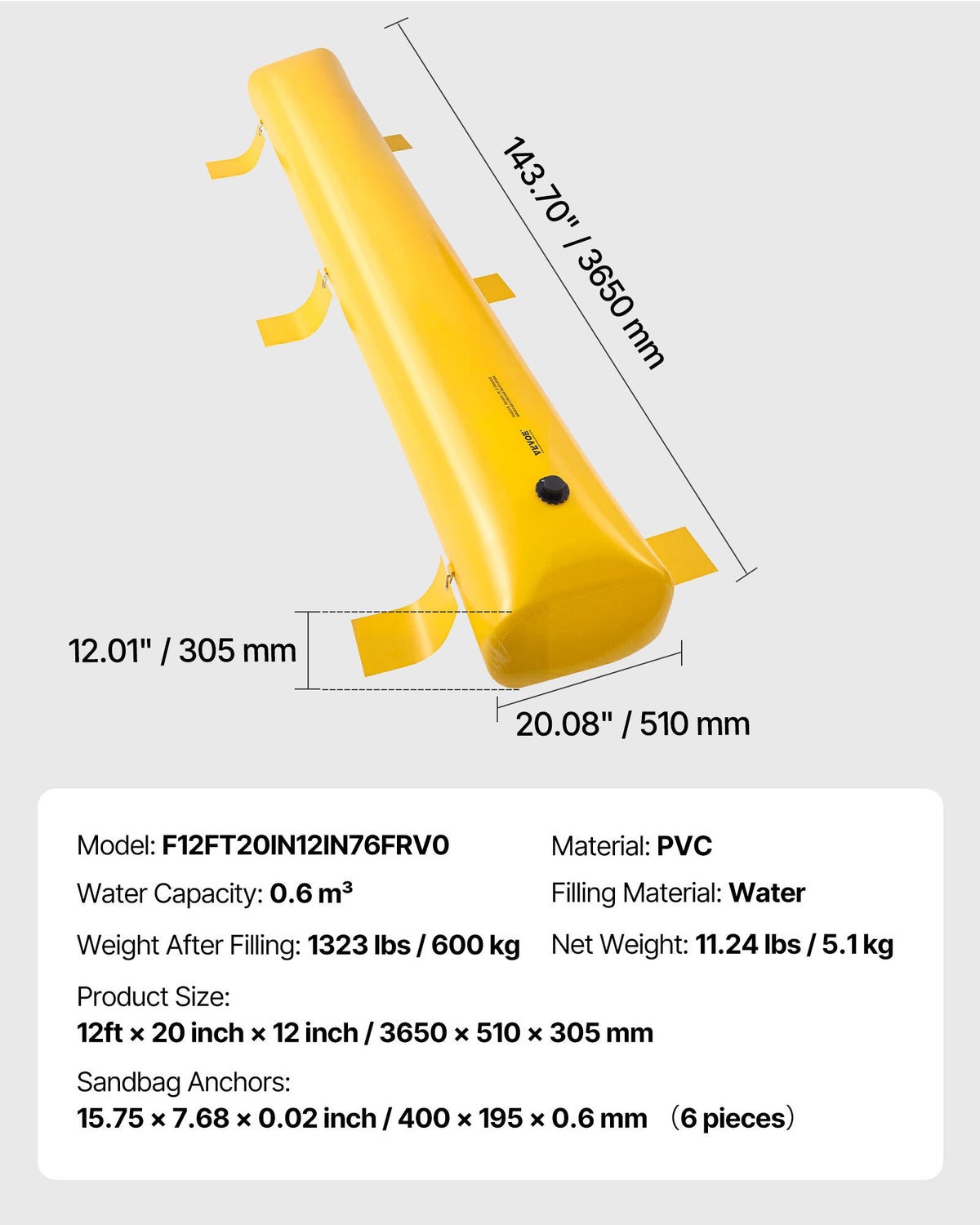 Flood Barrier Hydro Barrier 12' Length x 12" Height Water Diversion