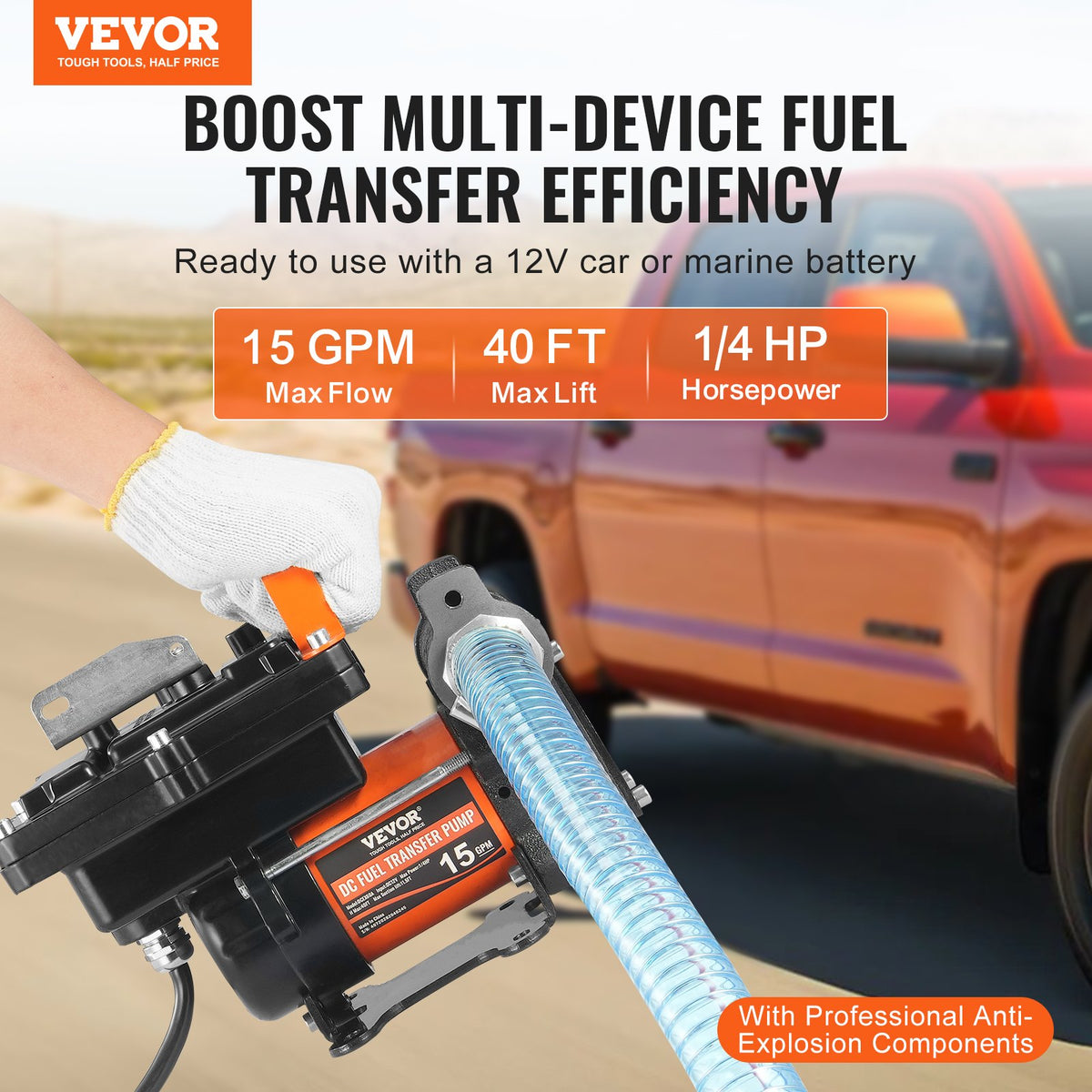 Fuel Transfer Pump 12V DC 15 GPM Portable Diesel Gasoline Auto Nozzle