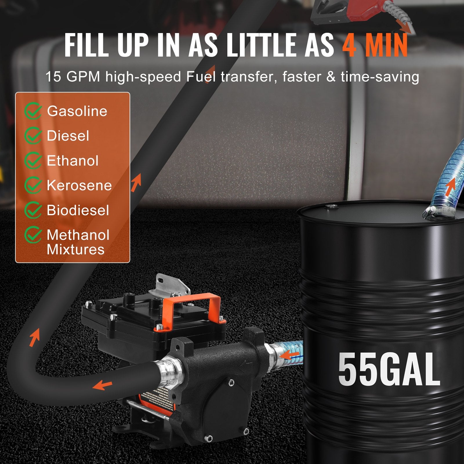 Fuel Transfer Pump 12V DC 15 GPM Portable Diesel Gasoline Auto Nozzle