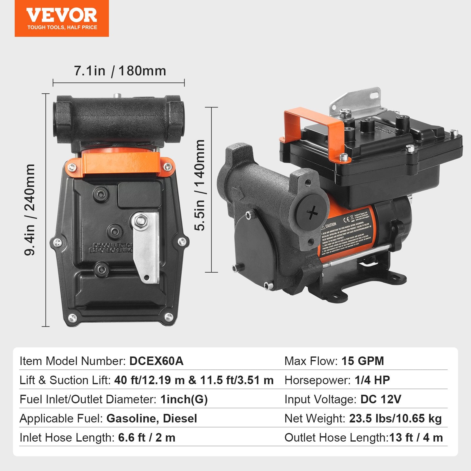 Fuel Transfer Pump 12V DC 15 GPM Portable Diesel Gasoline Auto Nozzle