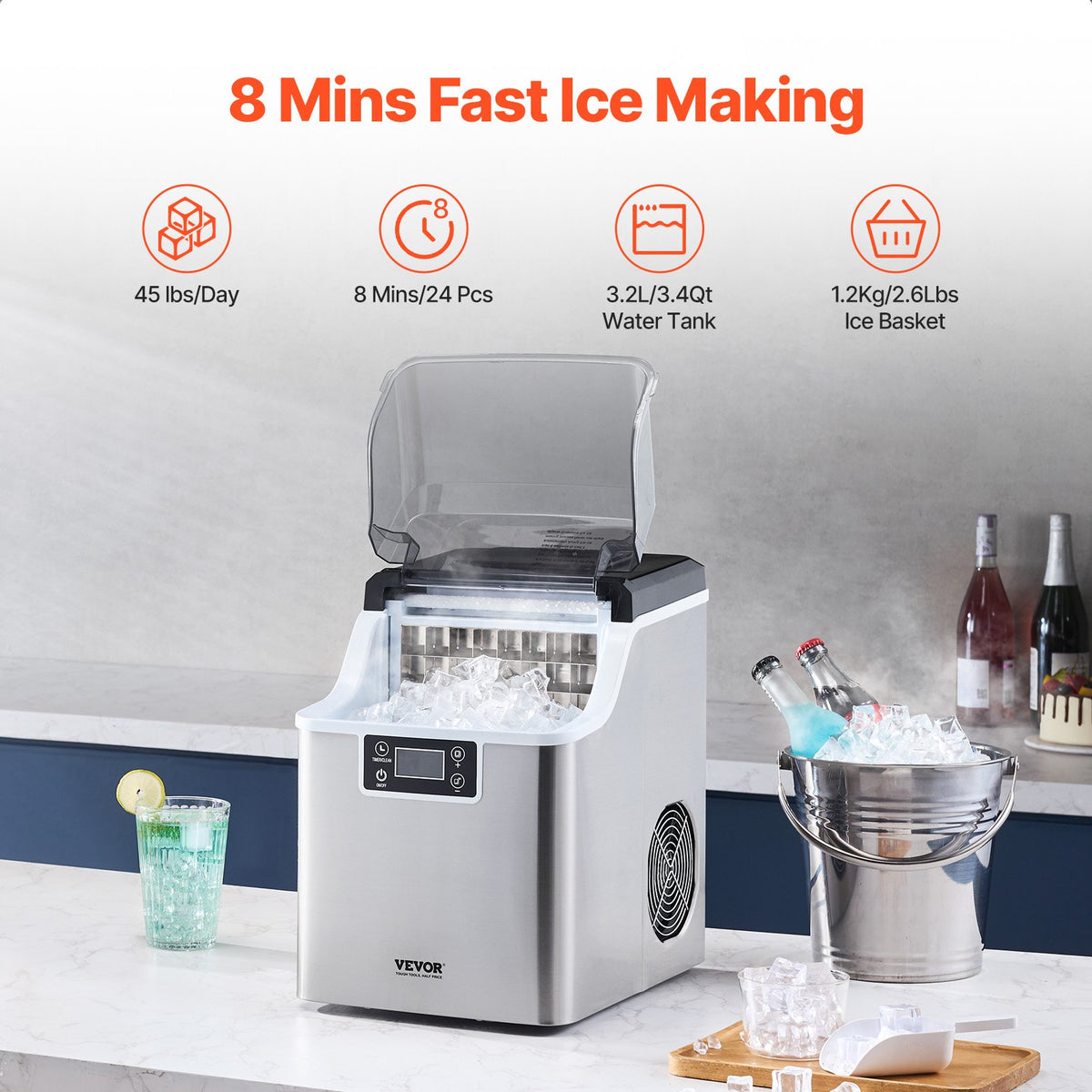 Countertop Ice Maker 45lbs/24H 24-Cube Self-Cleaning Portable Scoop Basket