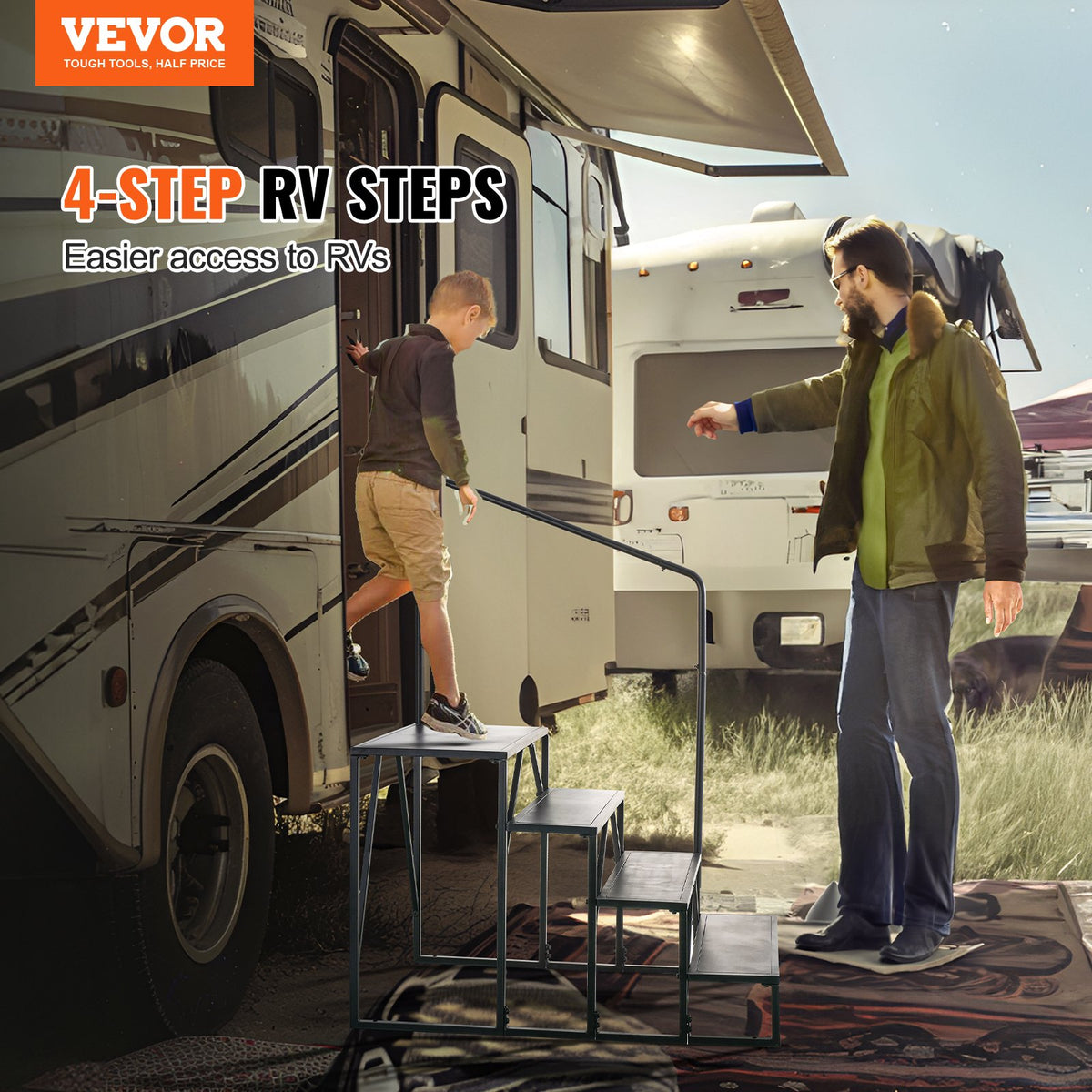 RV Steps 4-Step 199.58kg Carbon Steel Non-Slip w/Handrail for RV Trailer Camper