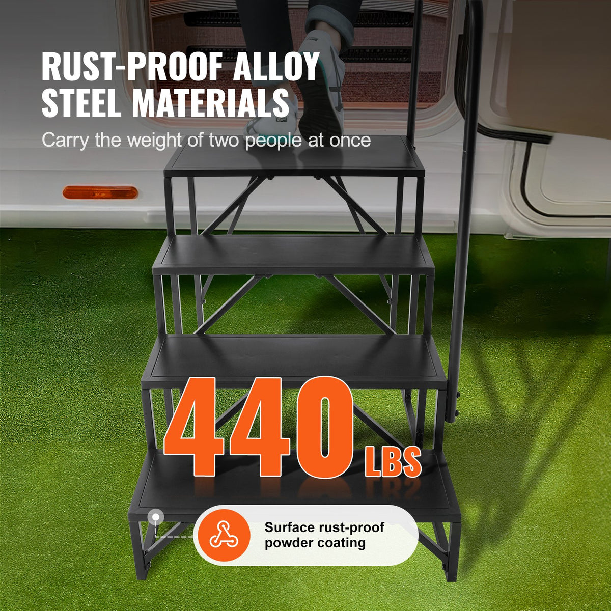 RV Steps 4-Step 199.58kg Carbon Steel Non-Slip w/Handrail for RV Trailer Camper