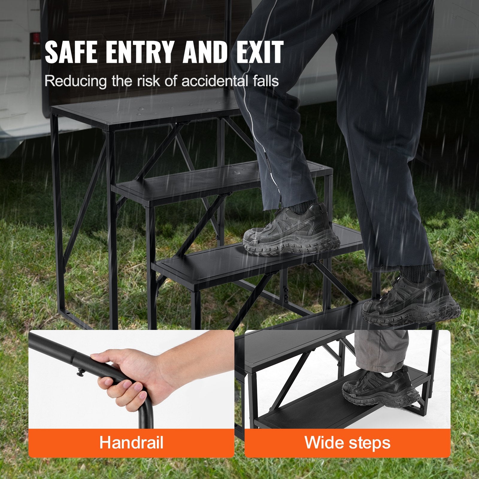 RV Steps 4-Step 199.58kg Carbon Steel Non-Slip w/Handrail for RV Trailer Camper