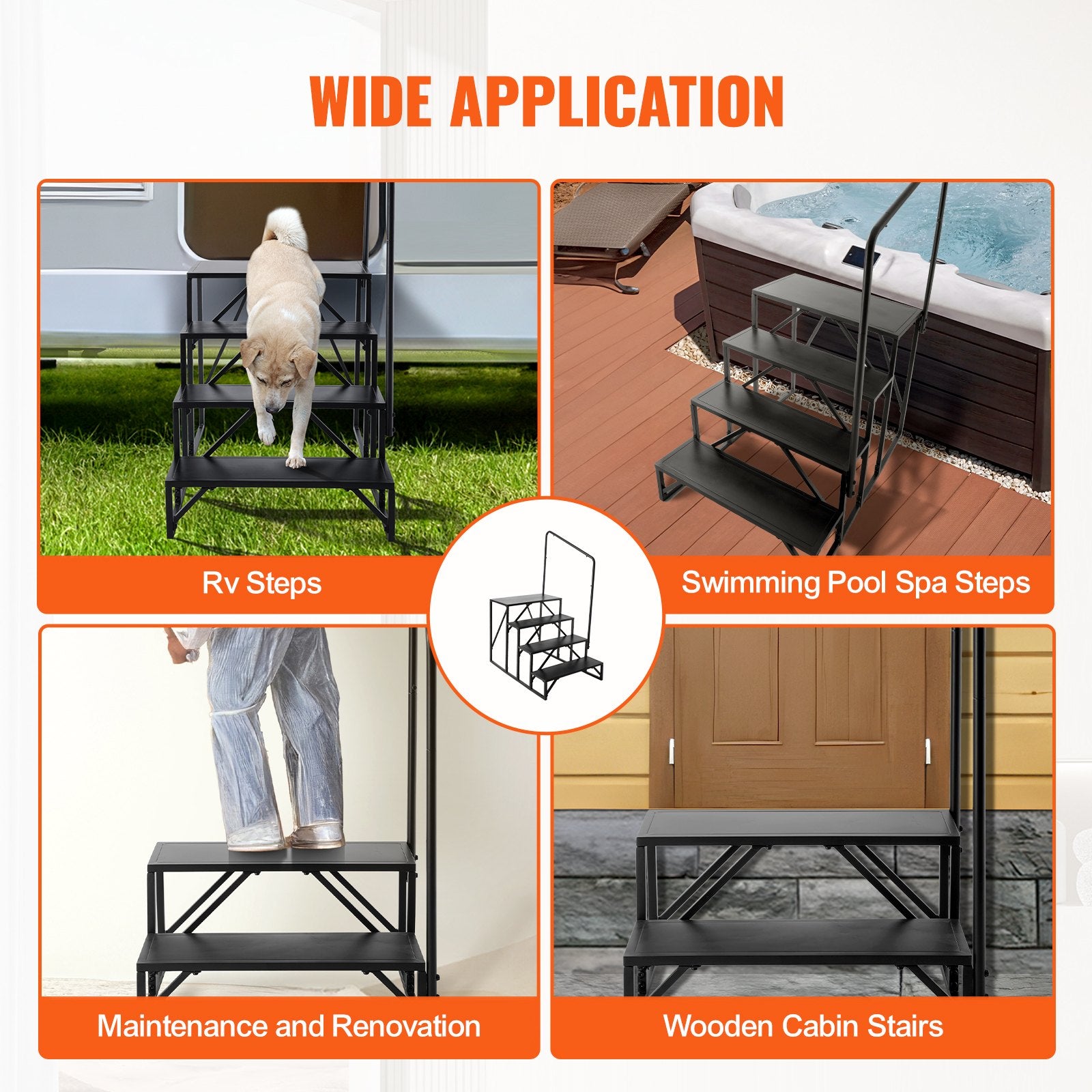 RV Steps 4-Step 199.58kg Carbon Steel Non-Slip w/Handrail for RV Trailer Camper