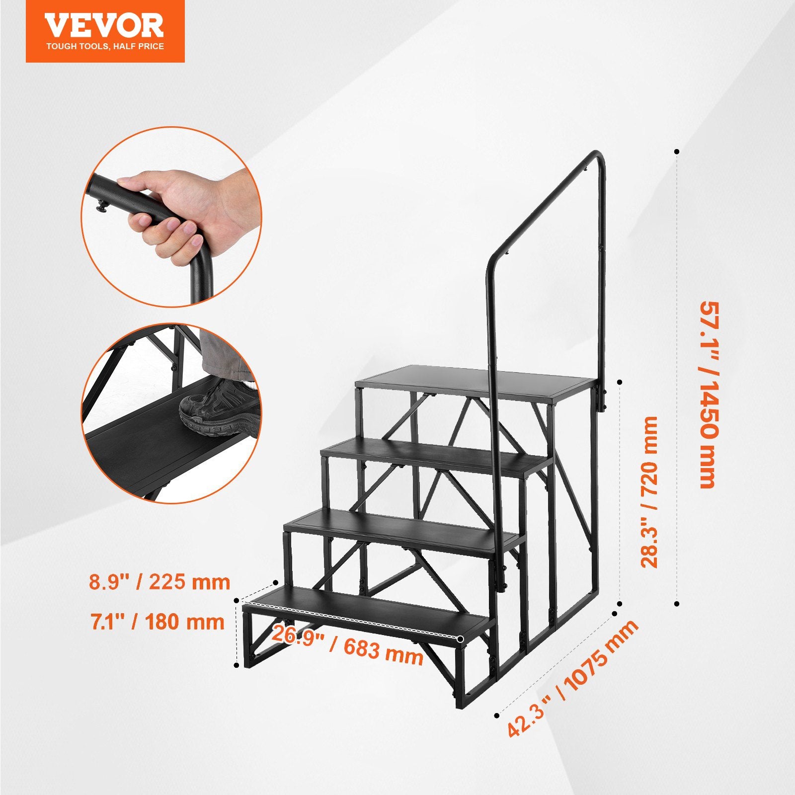 RV Steps 4-Step 199.58kg Carbon Steel Non-Slip w/Handrail for RV Trailer Camper