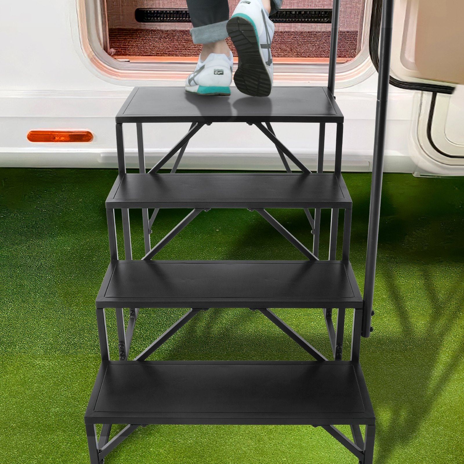 RV Steps 4-Step 199.58kg Carbon Steel Non-Slip w/Handrail for RV Trailer Camper