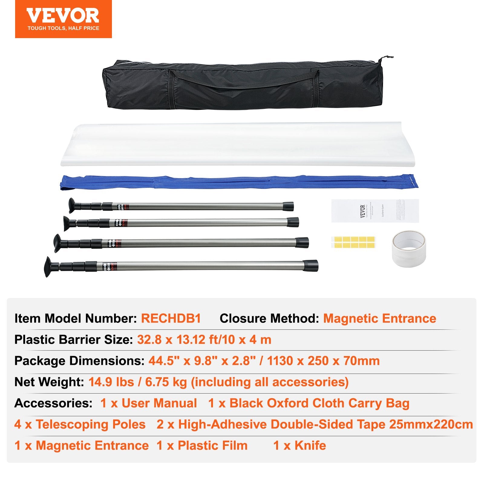 Dust Barrier Poles System 10 Ft with Plastic Film Magnetic Zipper 4 Poles