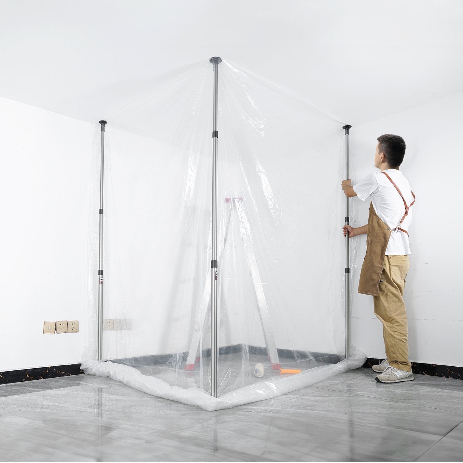 Dust Barrier Poles System 10 Ft with Plastic Film Magnetic Zipper 4 Poles