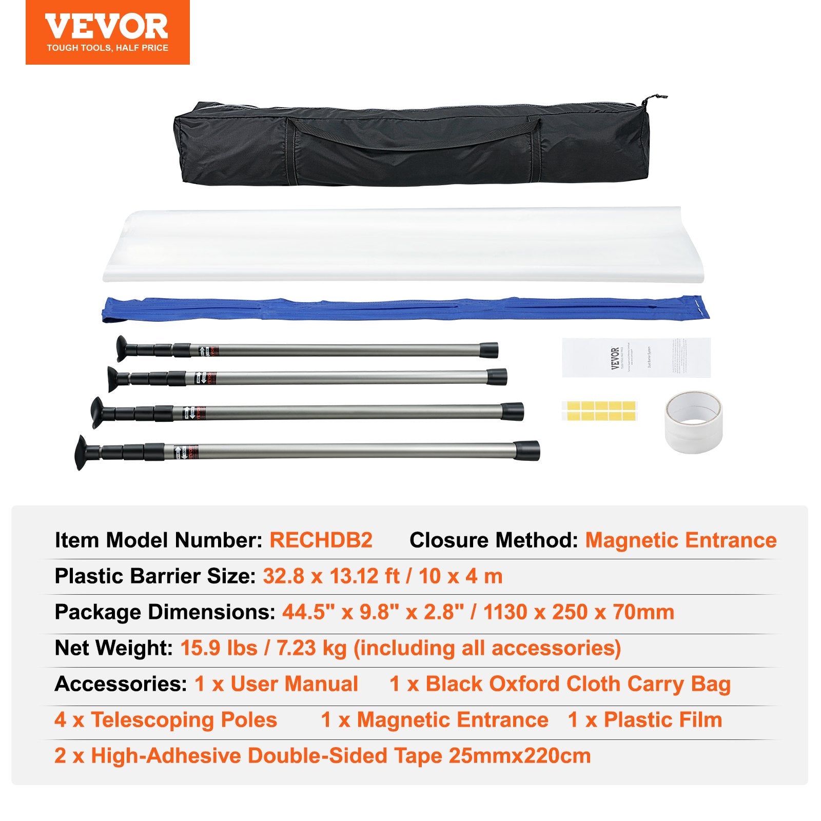Dust Barrier Poles 12 Ft System with Magnetic Zipper & Plastic Film Kit