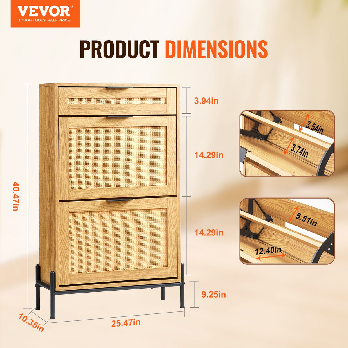 Rattan Shoe Cabinet, Narrow Storage Organizer with 2 Flip Drawers and 1 Slide Drawer