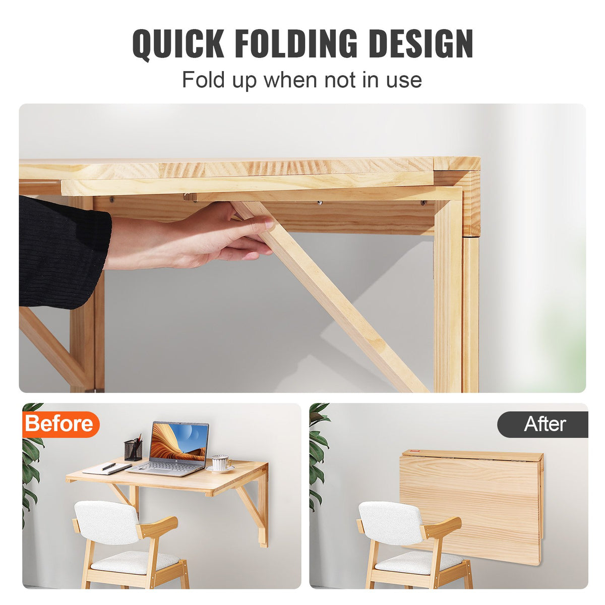 Wall Mounted Folding Table Solid Wood Drop Leaf Floating Desk 31.5x23.58in