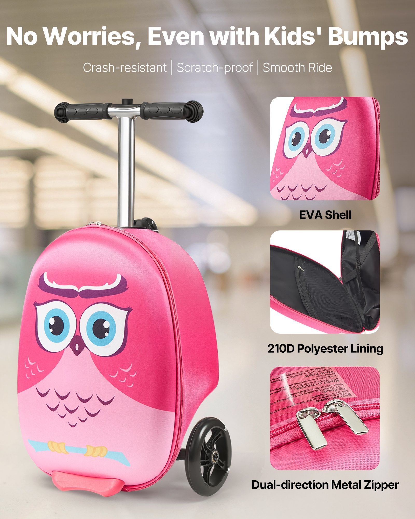 Ride-on Luggage 20L 20in Kids Scooter Suitcase Flash PU Wheels Pink