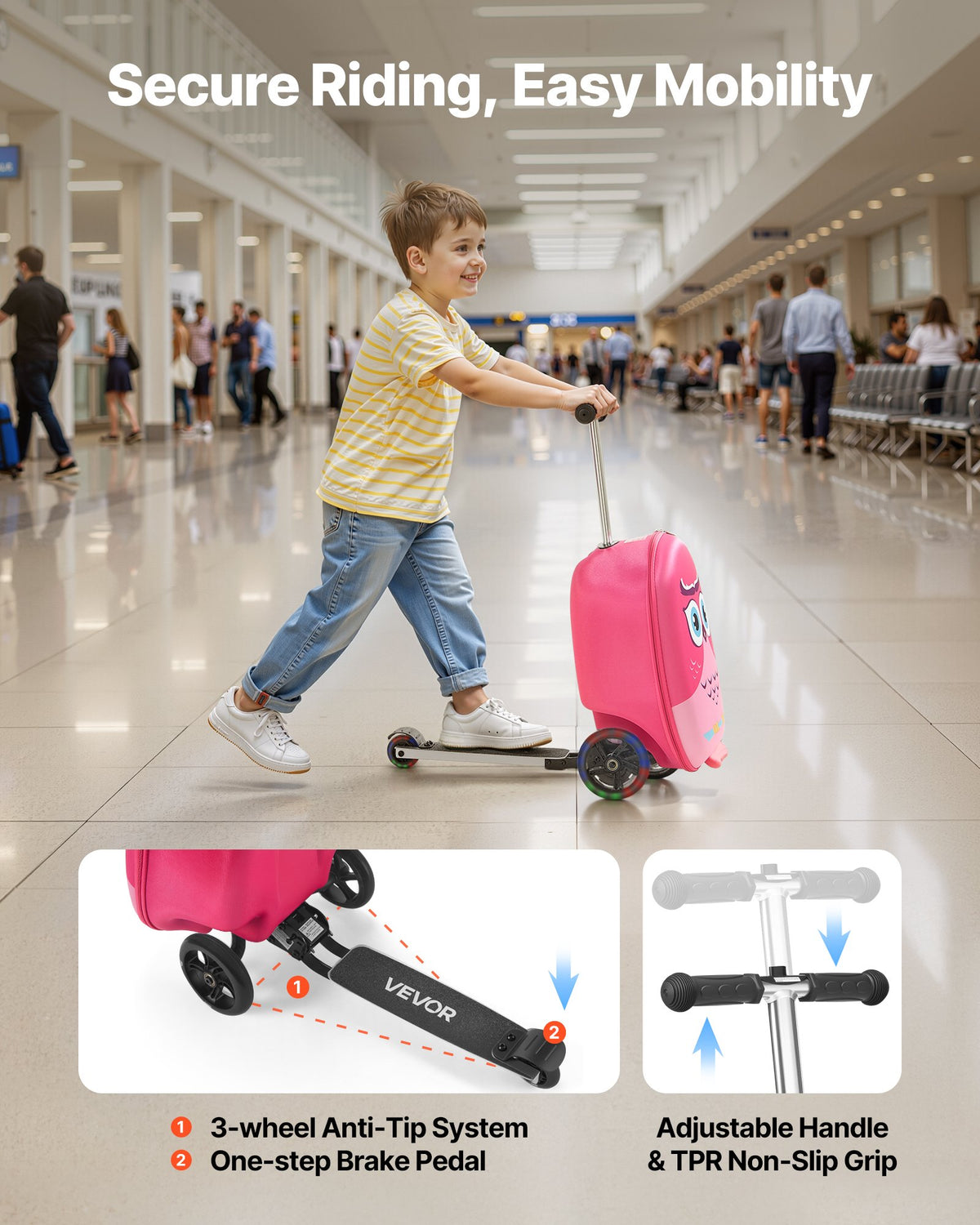 Ride-on Luggage 20L 20in Kids Scooter Suitcase Flash PU Wheels Pink