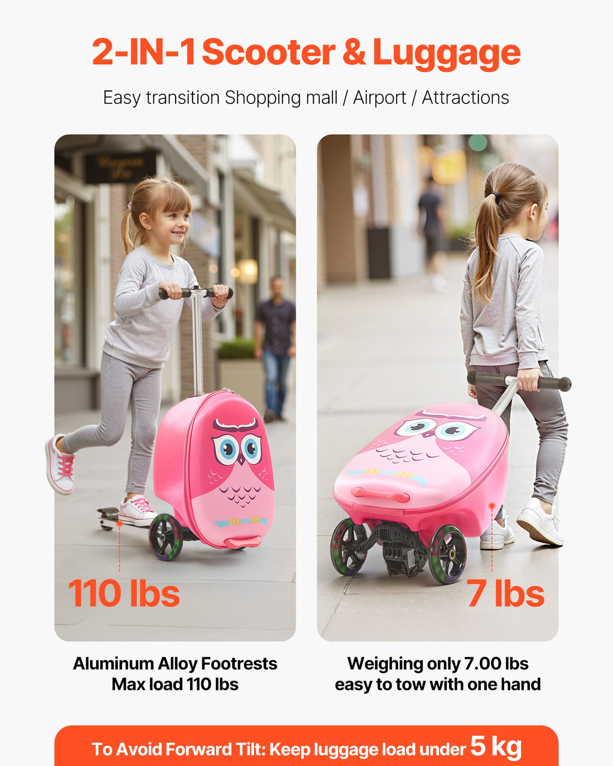 Ride-on Luggage 20L 20in Kids Scooter Suitcase Flash PU Wheels Pink