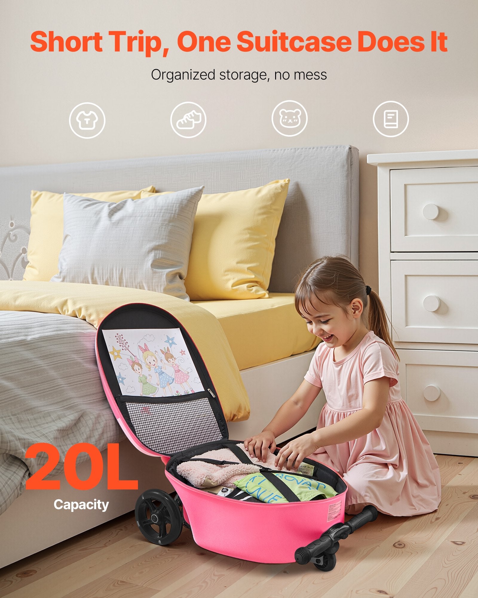 Ride-on Luggage 20L 20in Kids Scooter Suitcase Flash PU Wheels Pink