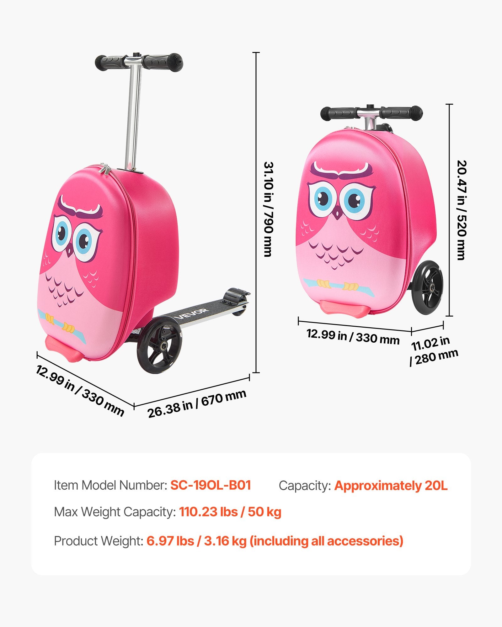 Ride-on Luggage 20L 20in Kids Scooter Suitcase Flash PU Wheels Pink