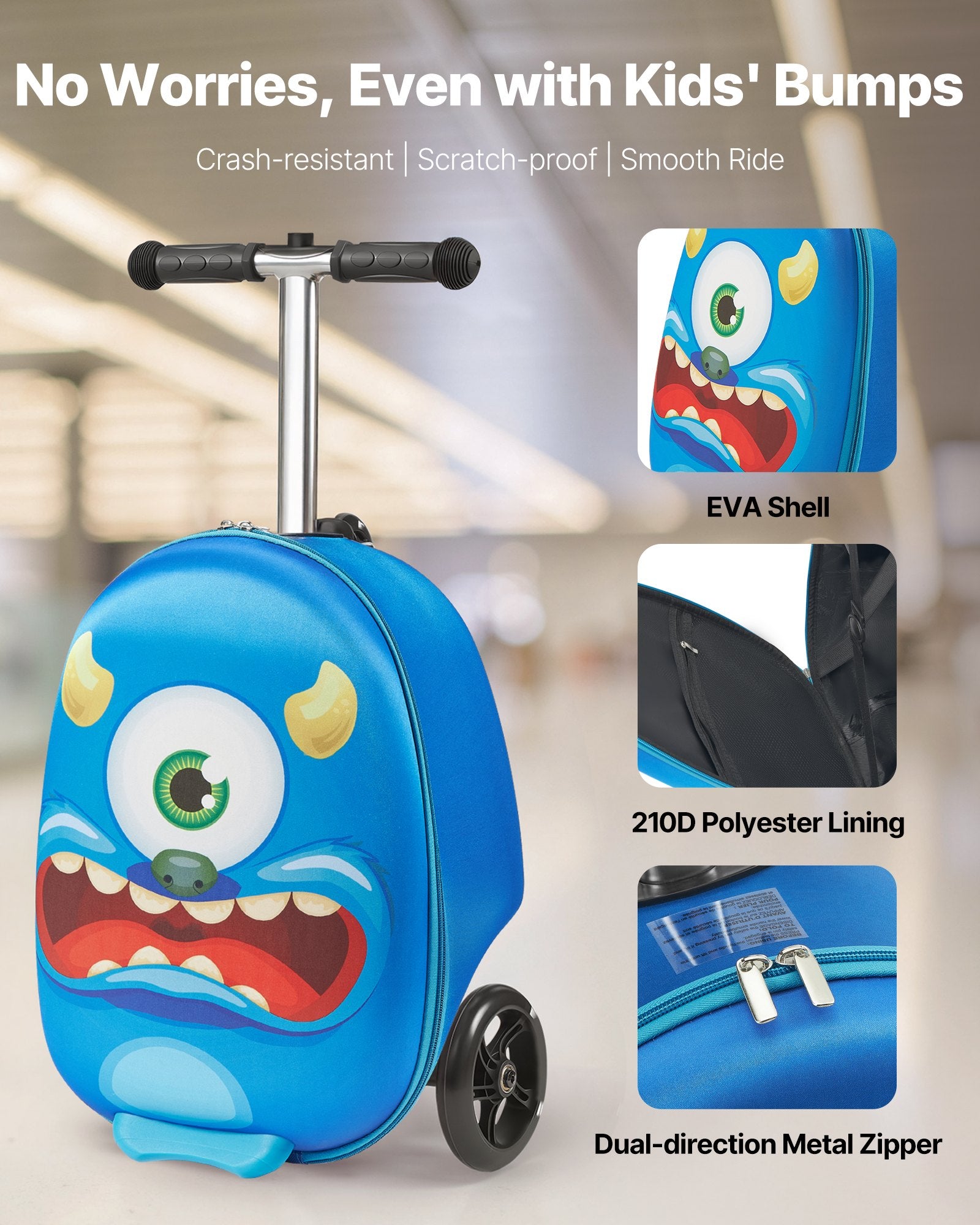 Ride-on Luggage 20L 20in Kids Scooter Suitcase Flash PU Wheels Blue