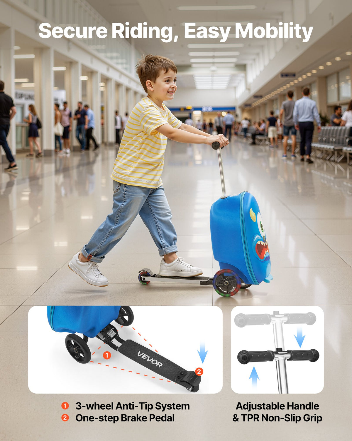 Ride-on Luggage 20L 20in Kids Scooter Suitcase Flash PU Wheels Blue