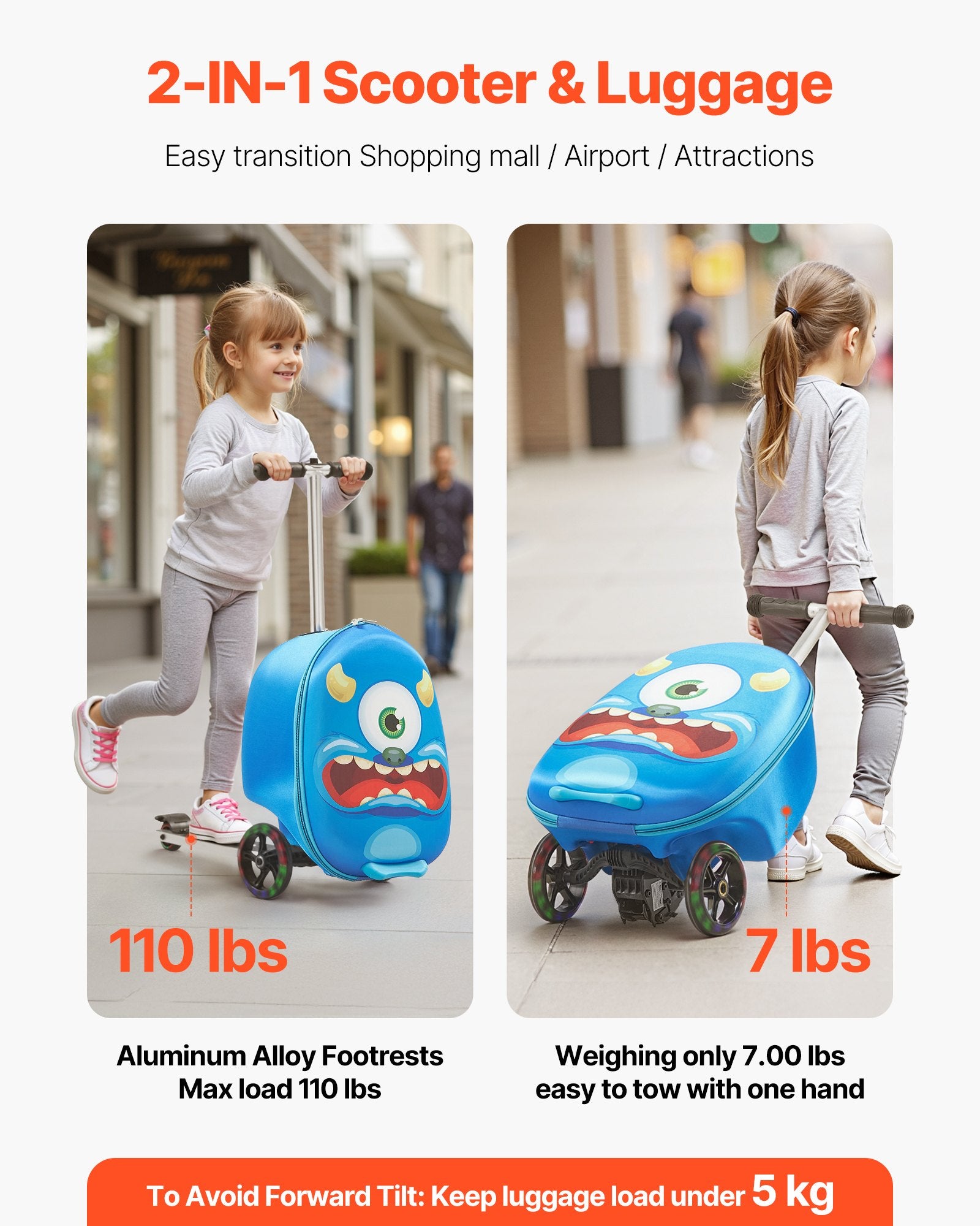 Ride-on Luggage 20L 20in Kids Scooter Suitcase Flash PU Wheels Blue