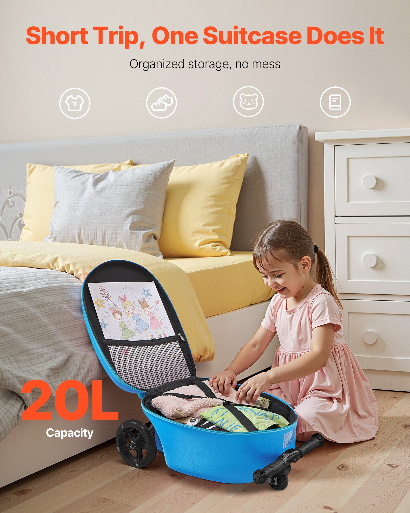 Ride-on Luggage 20L 20in Kids Scooter Suitcase Flash PU Wheels Blue