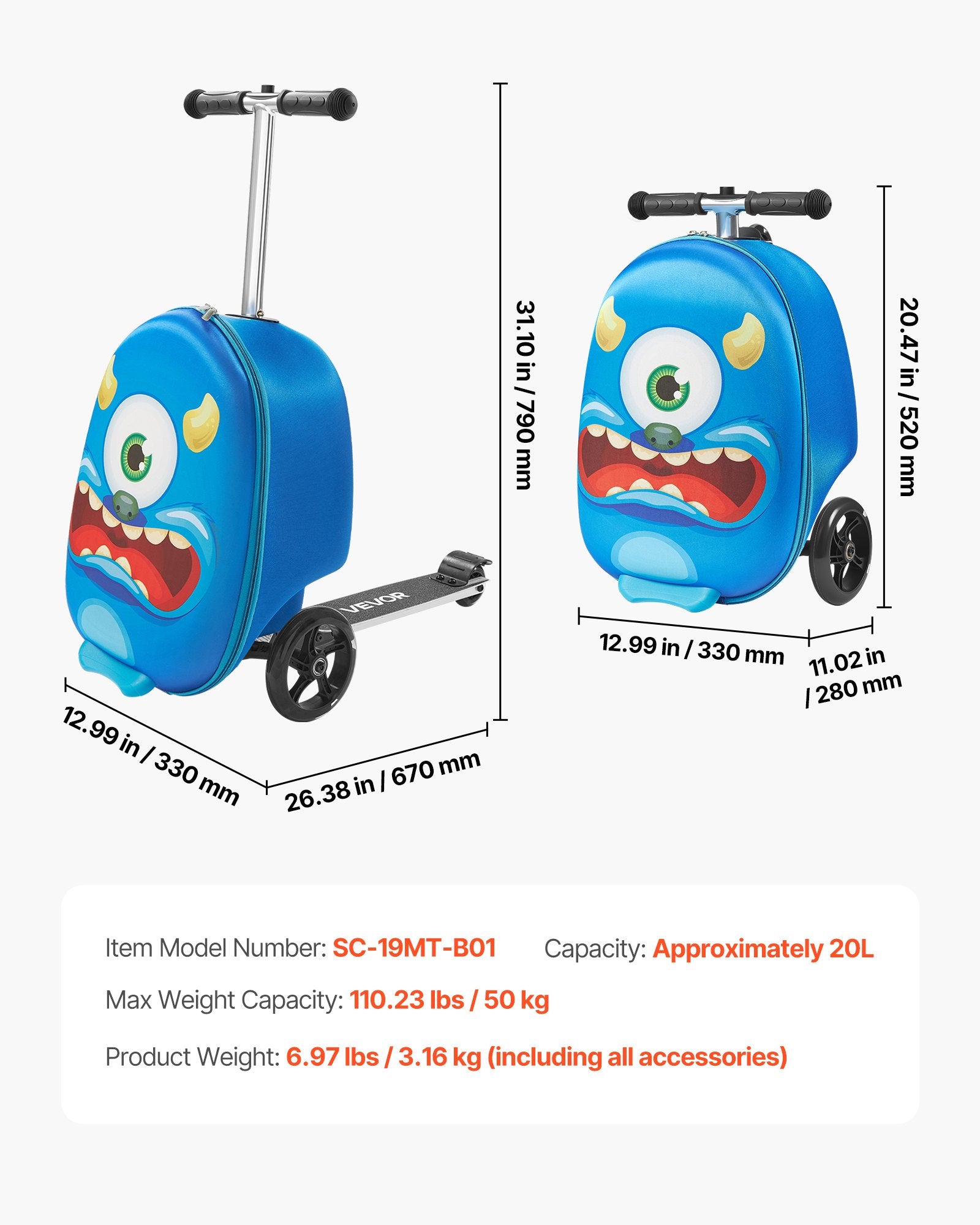Ride-on Luggage 20L 20in Kids Scooter Suitcase Flash PU Wheels Blue