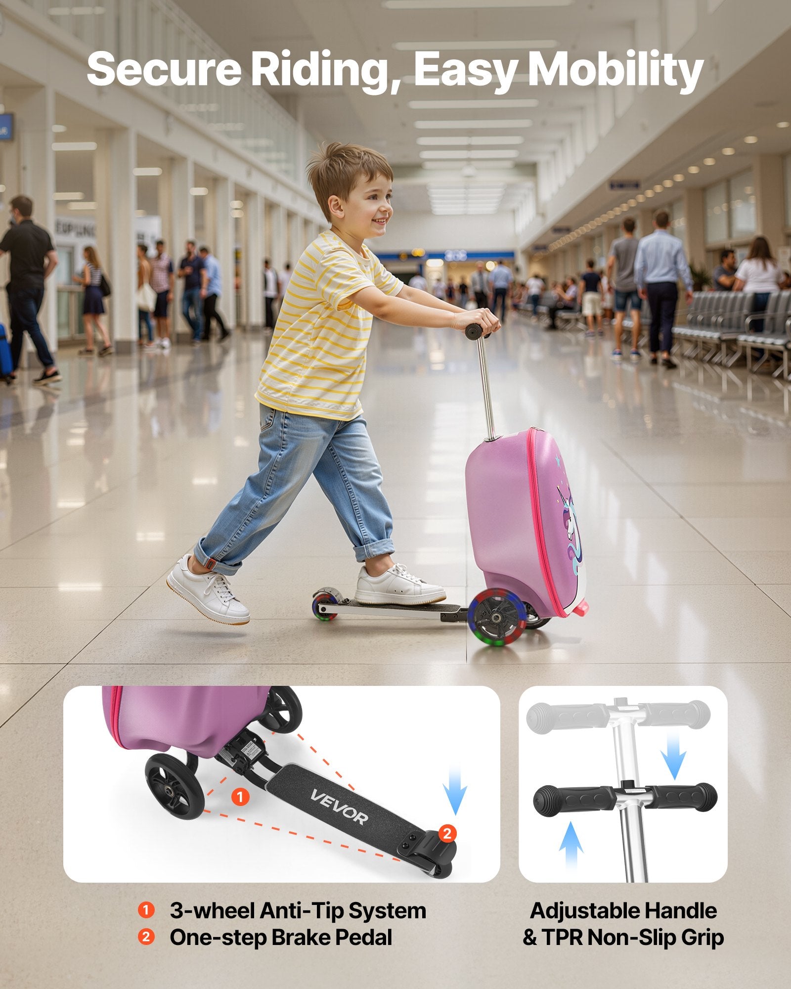 Ride-on Luggage 20L 20in Kids Scooter Suitcase Flash PU Wheels Purple