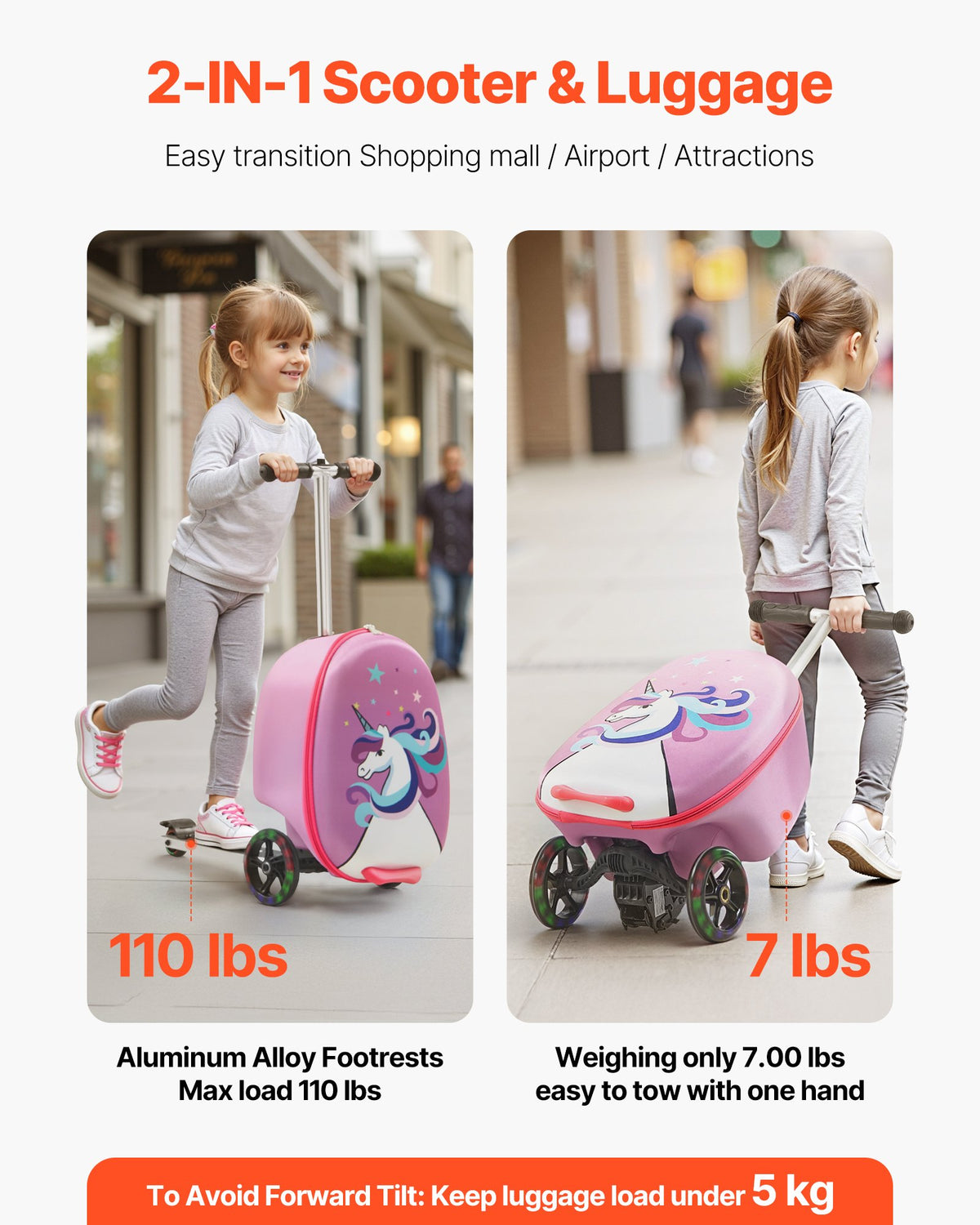 Ride-on Luggage 20L 20in Kids Scooter Suitcase Flash PU Wheels Purple