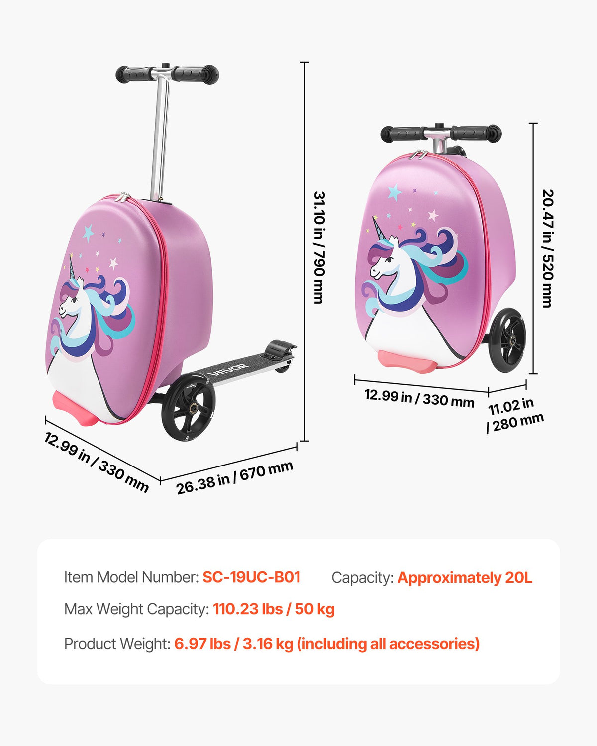 Ride-on Luggage 20L 20in Kids Scooter Suitcase Flash PU Wheels Purple