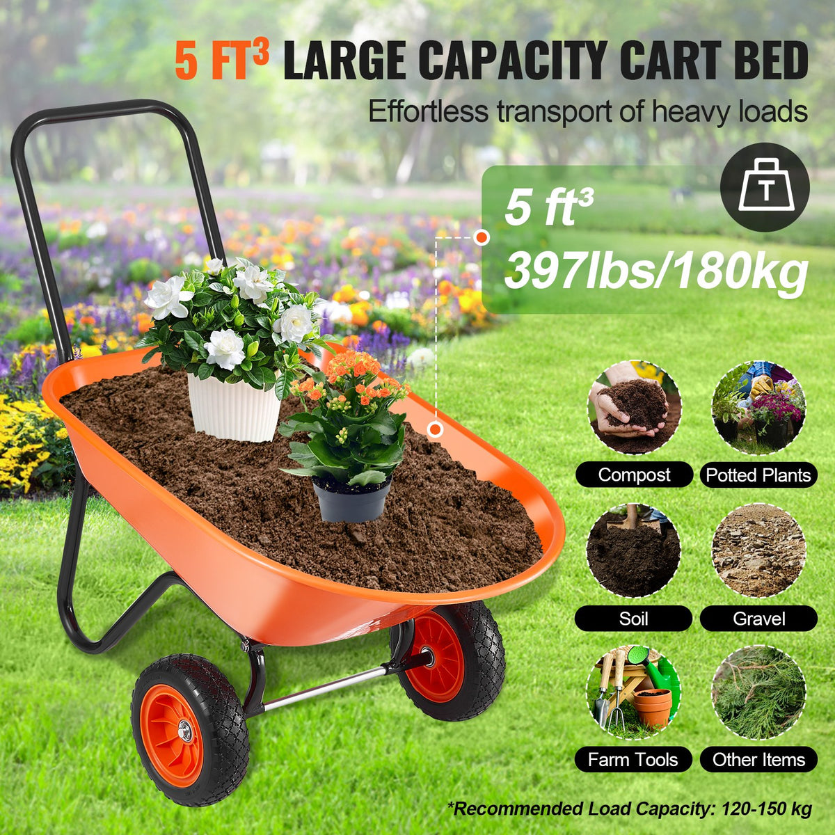 Wheelbarrow Cart 2-Wheel Garden Dump Wagon Handle 5 Cu.Ft 397lbs