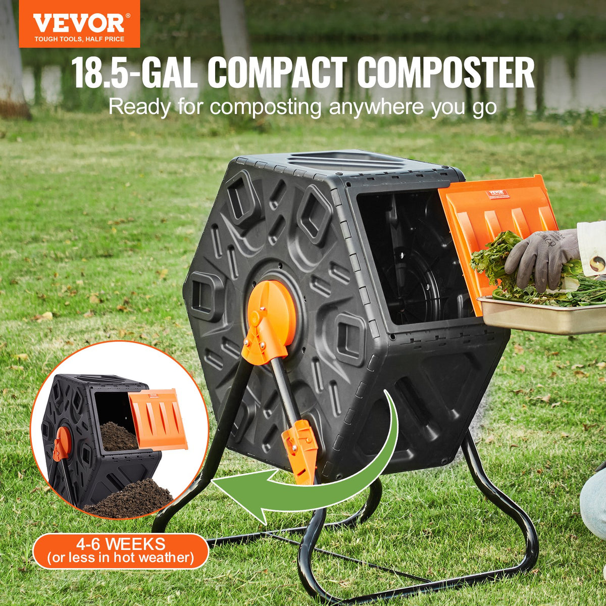 Compost Bin 18.5-Gal Small Rotating Tumbler with Sliding Door Steel Frame