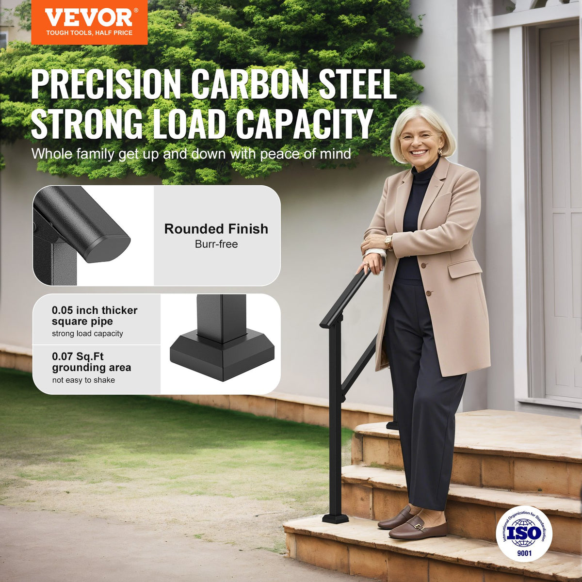 Handrails for Outdoor Steps, 2 PCS 2-3 Step Stair Rails Kit, Black Carbon Steel