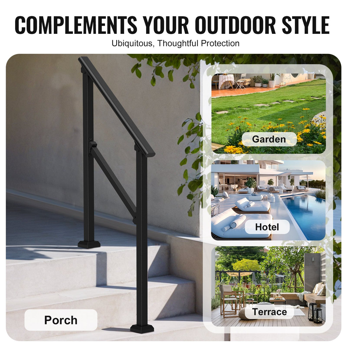 Handrails for Outdoor Steps, 2 PCS 2-3 Step Stair Rails Kit, Black Carbon Steel