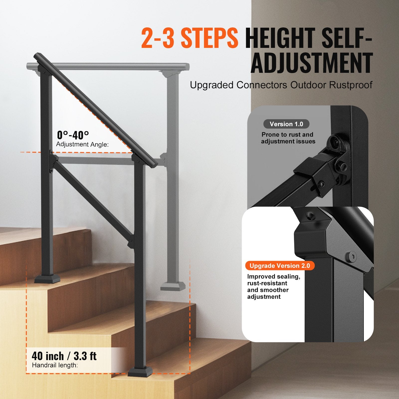 Handrails for Outdoor Steps 2-3 Step Carbon Steel Stair Rail Kit Black Square