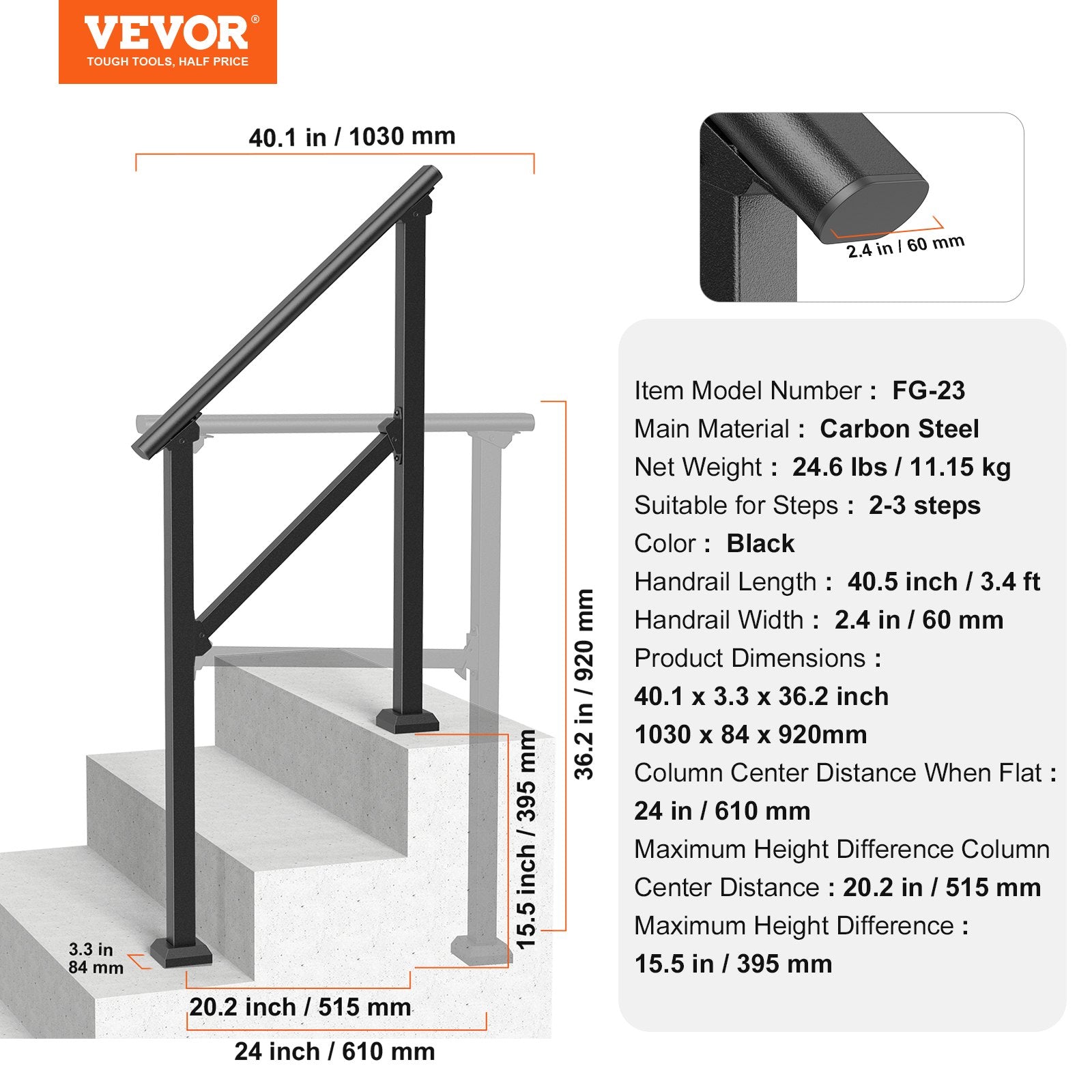Handrails for Outdoor Steps 2-3 Step Carbon Steel Stair Rail Kit Black Square