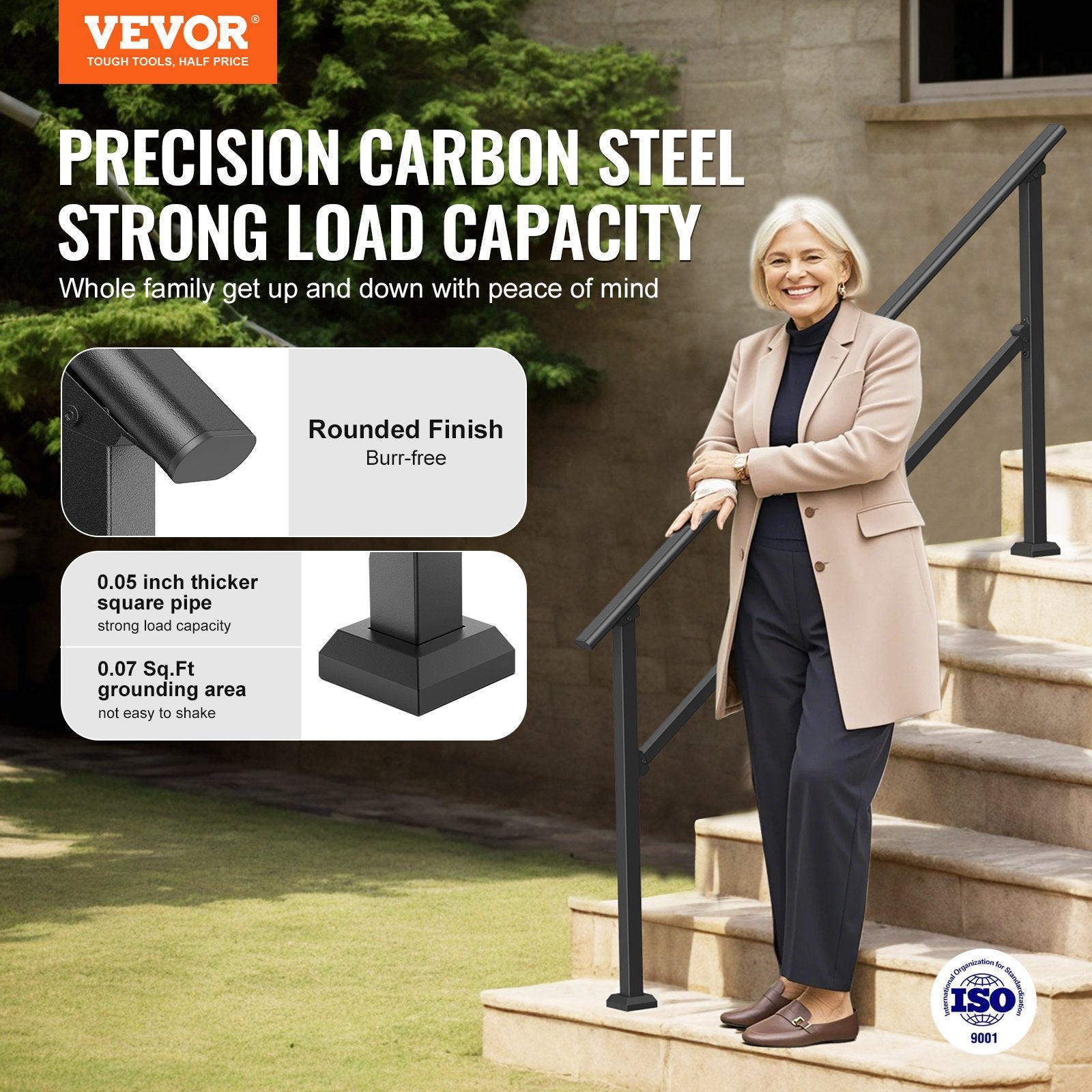 Outdoor Step Handrails, 5-Step Stair Rail Kit, Carbon Steel, Black Square Tube