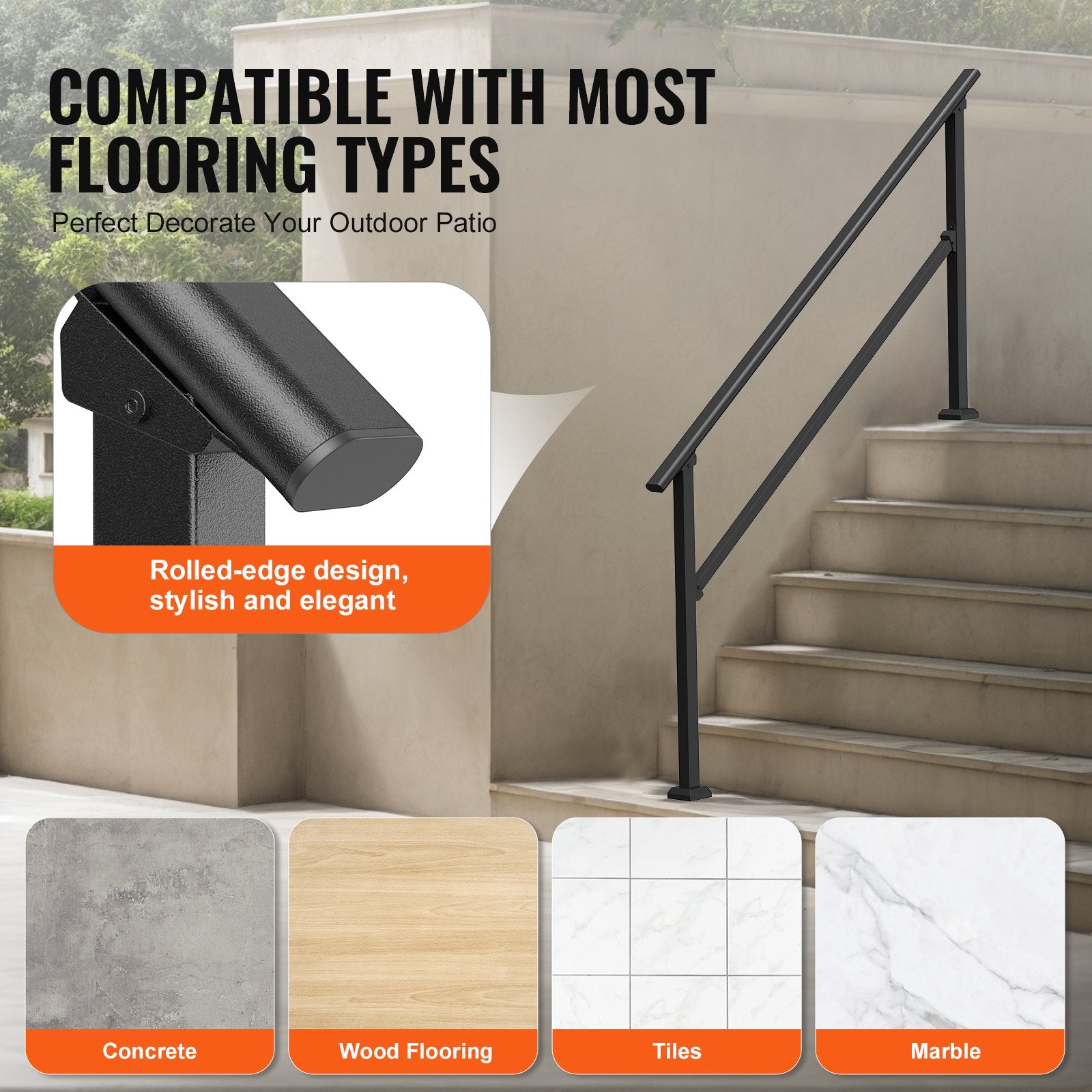 Outdoor Step Handrails, 5-Step Stair Rail Kit, Carbon Steel, Black Square Tube