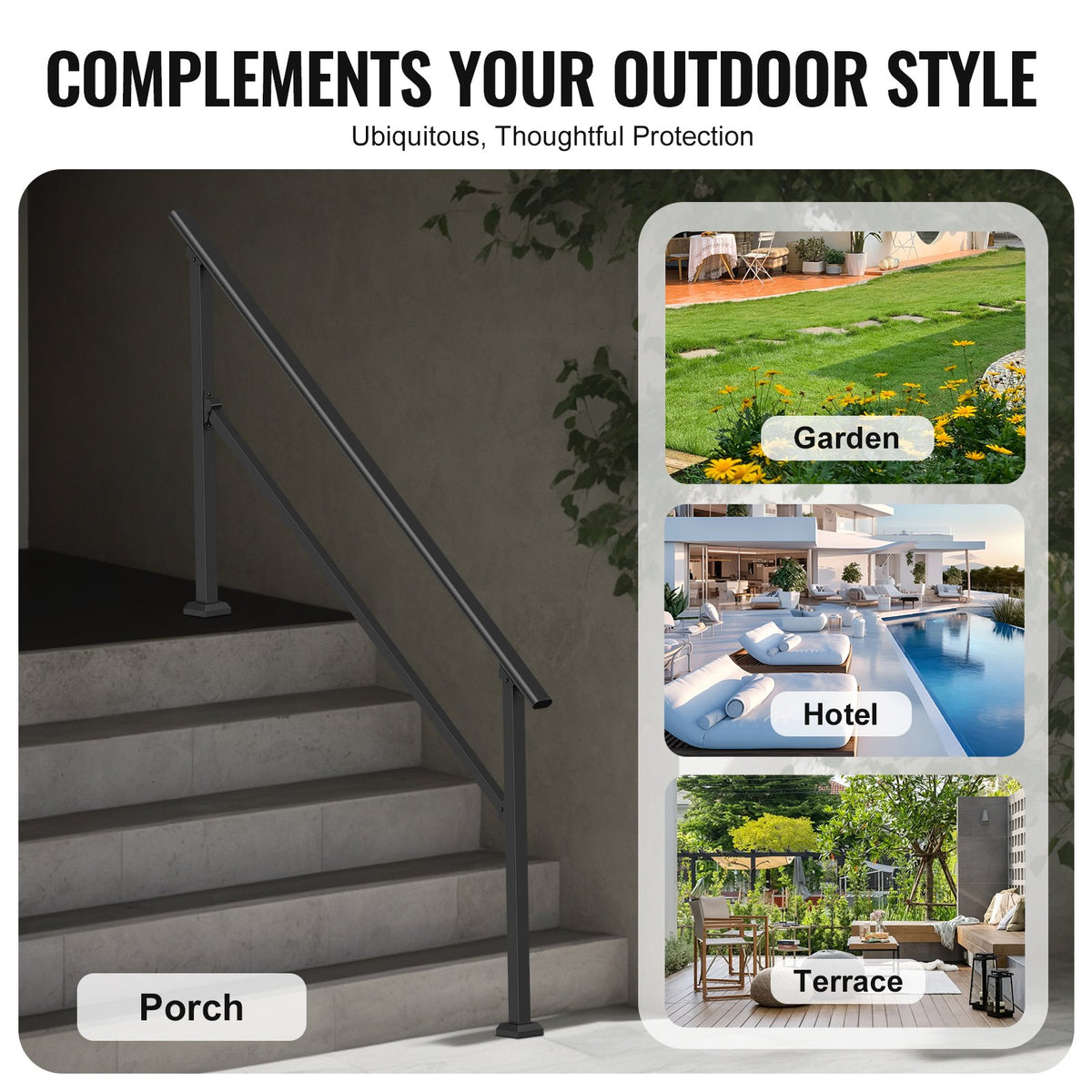 Outdoor Step Handrails, 5-Step Stair Rail Kit, Carbon Steel, Black Square Tube