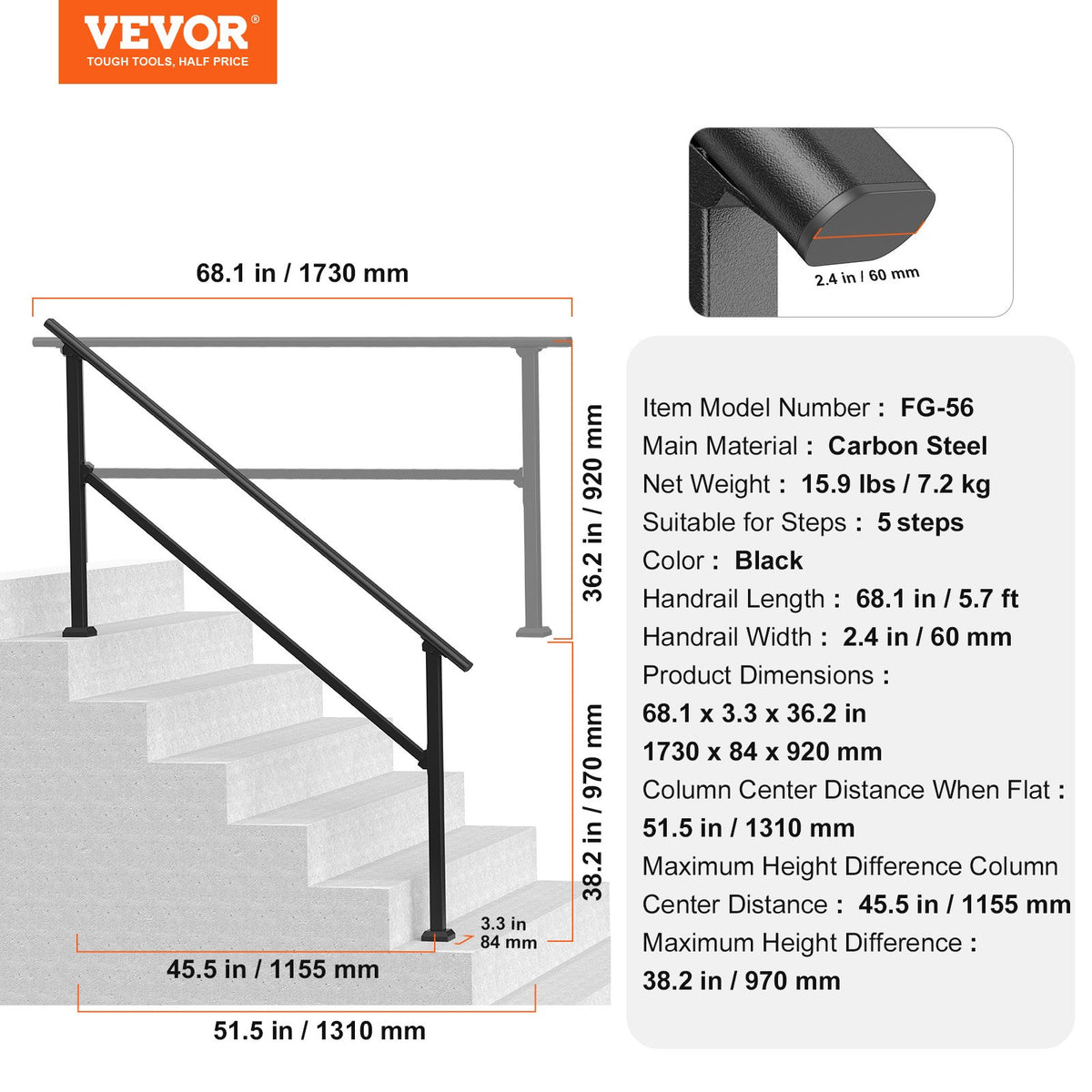 Outdoor Step Handrails, 5-Step Stair Rail Kit, Carbon Steel, Black Square Tube