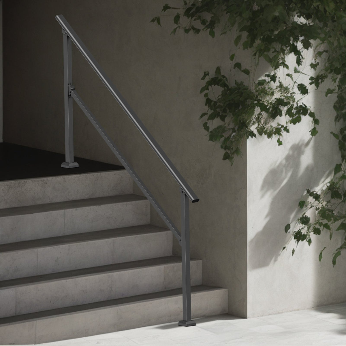 Outdoor Step Handrails, 5-Step Stair Rail Kit, Carbon Steel, Black Square Tube