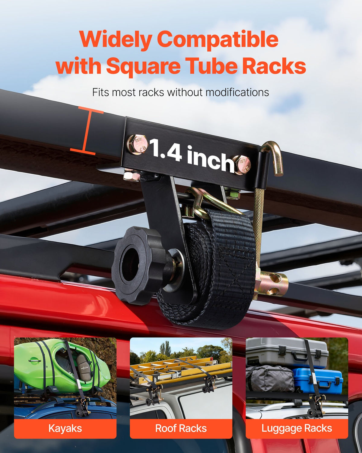 Ladder Rack Ratchet Straps 38mm x 2.25m J-Hooks 226.8kg Black Square 4-Pack