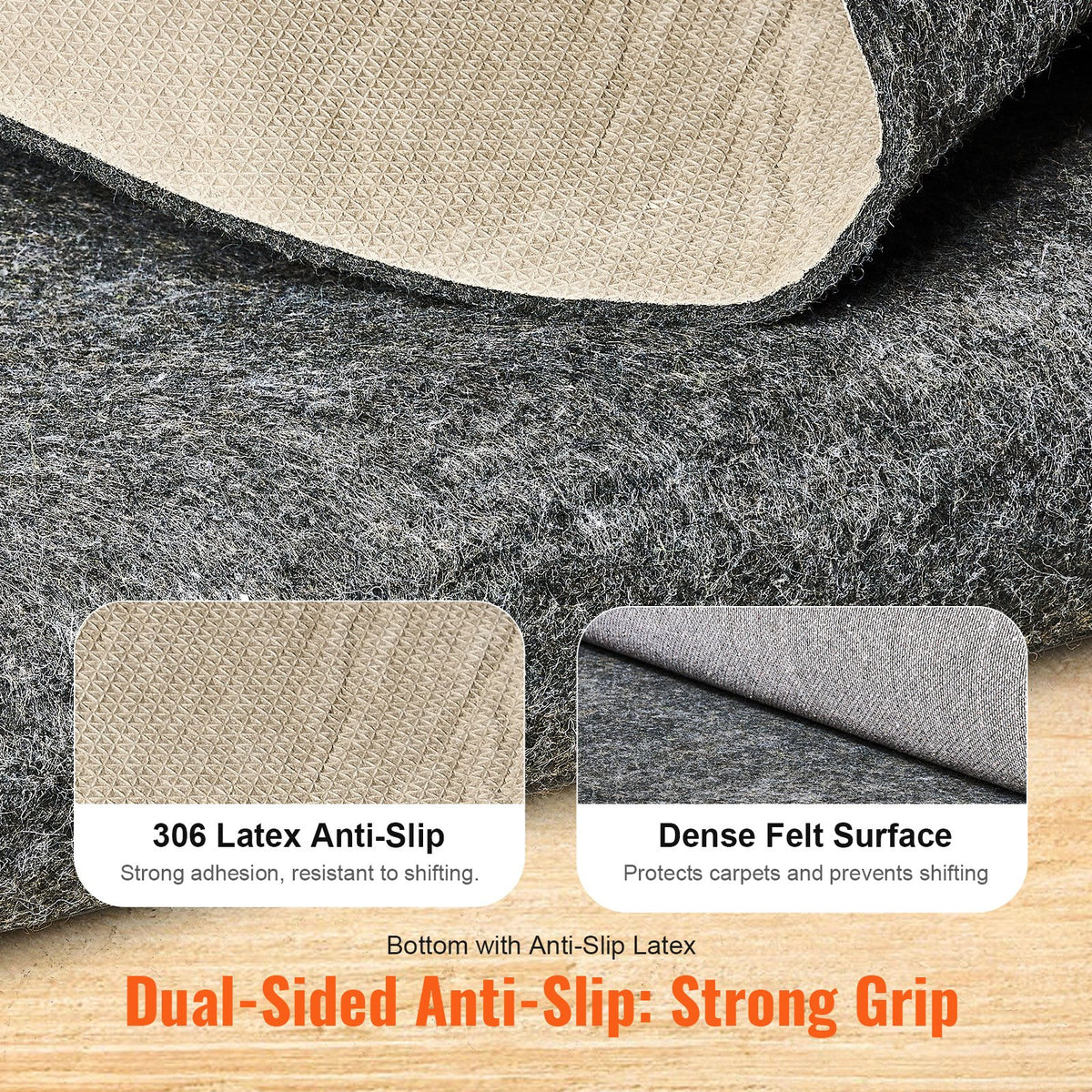 Slip-Resistant Rug Pad 9x12' 1/4" Dual Surface Felt Latex Gray Carpet Cushion